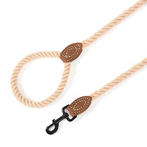 Dog Leash Braided Cotton Rope with Leather (Light Brown / 72 Inch-1/2")