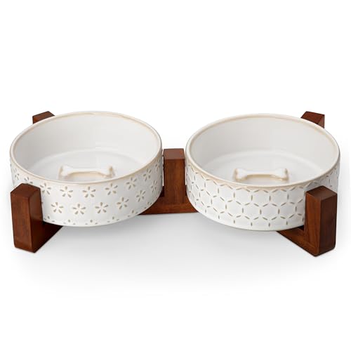 Dog Bowl Set Ceramic Bowls with Walnut Wood Stand (Five-leaf Grass+Honeycomb / 2 Cups)