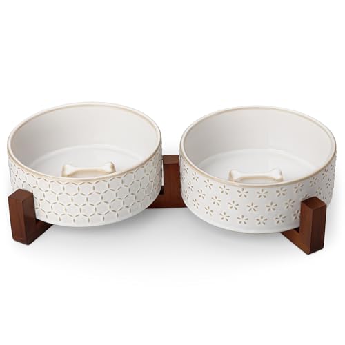 Dog Bowl Set Ceramic Bowls with Walnut Wood Stand (Five-leaf Grass+Honeycomb / 4 Cups)
