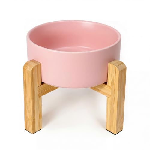 Ceramic Elevated Dog Bowl with Bamboo Stand (Medium / Pink)