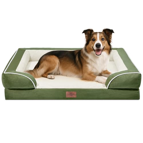 Orthopedic Dog Beds for Large Sized Dog with Bolster (38.0"L x 25.0"W x 7.0"Th / Light Green)