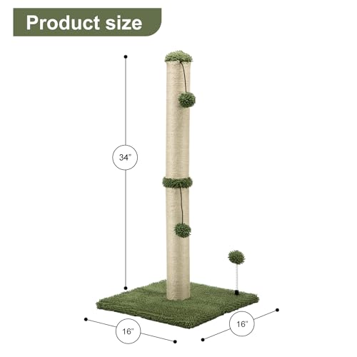 34“ Tall Cat Scratching Post Premium Basics Kitten Scratcher Sisal Scratch Posts Trees with Hanging Ball for Indoor Cats (34 inches for Adult Cats / Cactus Green)