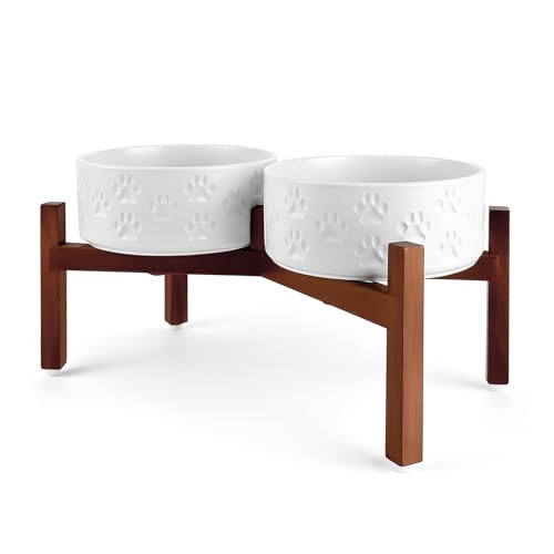 Ceramic Elevated Dog Bowl Set with Acacia Wood Stand for Food and Water for Medium Dogs (42.27 Oz / Dog Paw White)