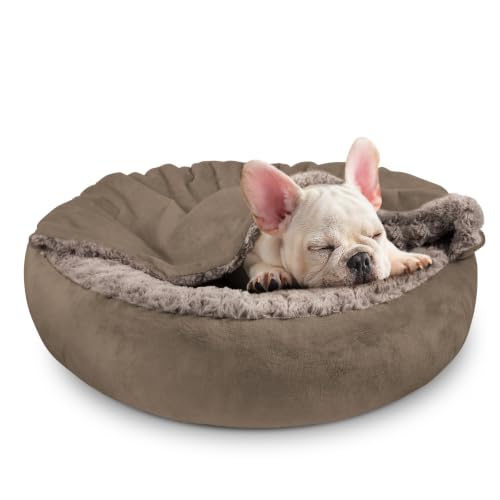 Small Dog Bed Cat Bed with Hooded Blanket (M(26" x 26" x 8") / Dark Brown)