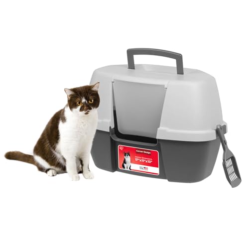 Large Corner Cat Litter Box (Corner Enclosed / Dark Gray w/ Scoop)