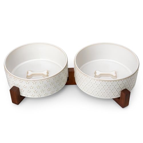 Dog Bowl Set Ceramic Bowls with Walnut Wood Stand (Five-leaf Grass+Honeycomb / 6 Cups)