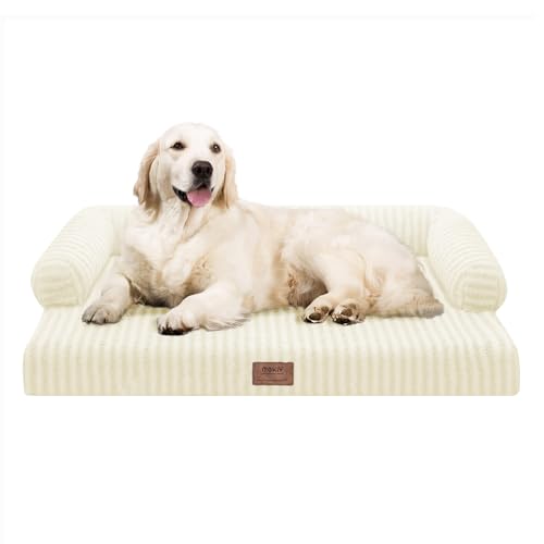 Orthopedic XL Dog Bed with Bolster for Extra Large Size Dogs (42.0"L x 30.0"W x 8.0"Th / Beige White Stripe)