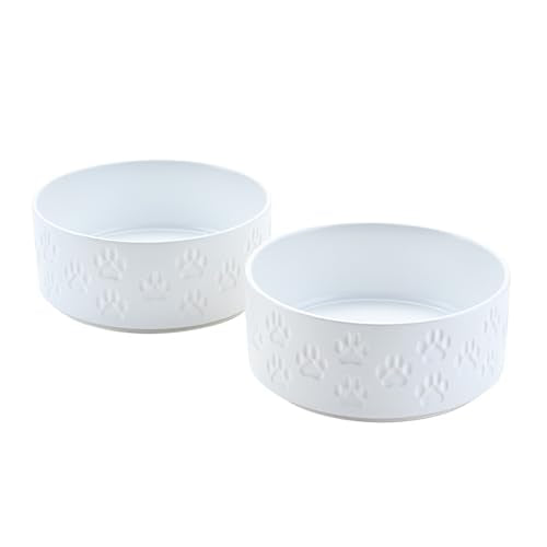 Ceramic Dog Bowls 2 Pack (8.3 in - 7.6 cups / Paw White - Only Bowls*2)