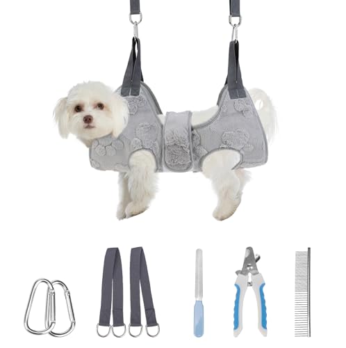 Dog Grooming Hammock Harness for Dogs & Cats with Pet Nail Clipper Trimmer (XS / Grey 1)
