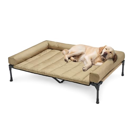 Outdoor Elevated Dog Bed with Waterproof Bolster Cushion (Beige Coffee / 49.0"L x 33.0"W x 9.0"Th)
