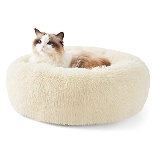 Calming Cat Beds Donut Round Washable Kitten Bed (20"L x 20"W x 6"Th / Ivory Beige)