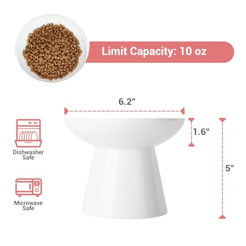 2 Pack Extra Wide Elevated Ceramic 6.2" Shallow Cat Food Bowls (White-2 Food Bowl)