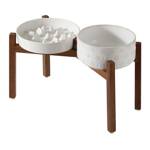 Raised Slow Feeder Dog Bowls (2 x White + Stand - C / L- 8.2inch / 1.6 Cups)