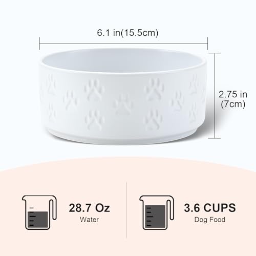 Ceramic Dog and Cat Bowls 2 Pack (6.1 in - 3.6 cups / Paw White - Only Bowls*2)