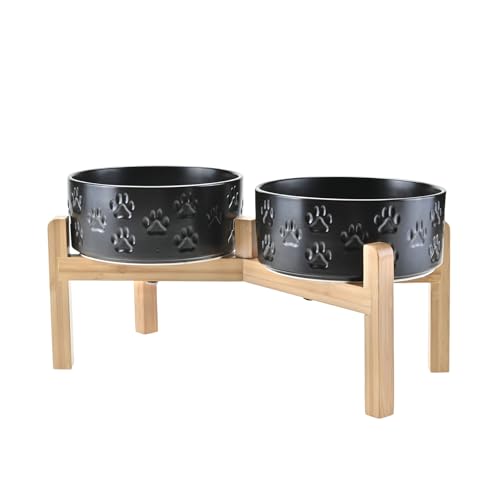 Elevated Dog Bowls Ceramic (7.3 in - 5.3 cups / Paw Black)