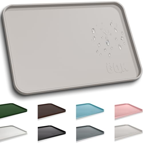 Silicone Dog Cat Food Mat Extra Thick Raised Edge (Beige Gray / 18"L x 12"W)