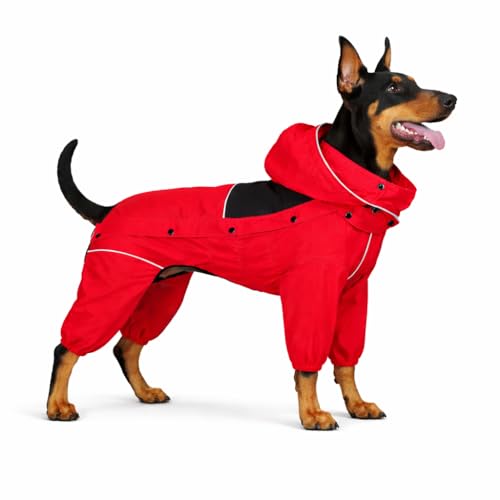 Fleece Lined Dog Raincoat with Removable Hood (Red-Fleeced / 4XL (Back 23.5"))
