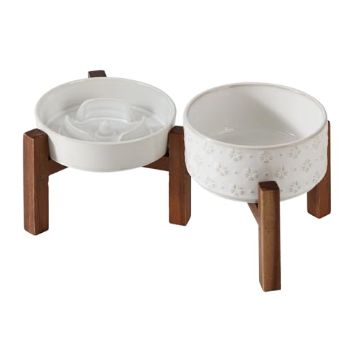 Raised Slow Feeder Dog Bowls (2 x White + Stand - A / S- 6.1inch / 0.9 Cups)