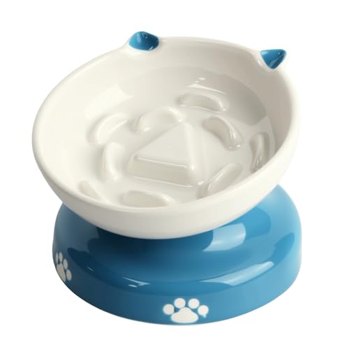Ceramic Slow Feeder Cat Bowl (Blue)