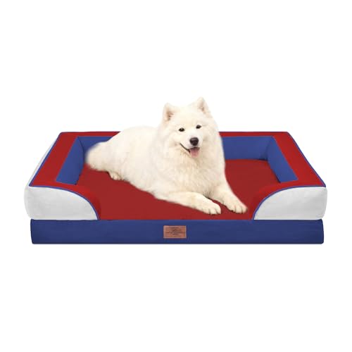 Orthopedic Dog Beds for Large Sized Dog with Bolster (36.0"L x 27.0"W x 8.0"Th / Primary Tri-Color)