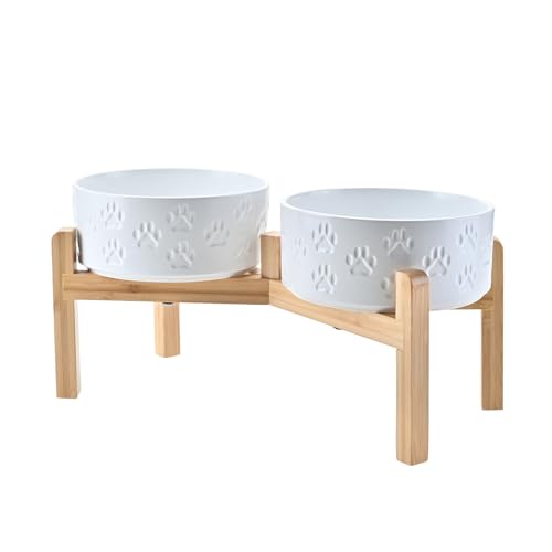 Elevated Dog Bowls Ceramic (7.3 in - 5.3 cups / Paw White)