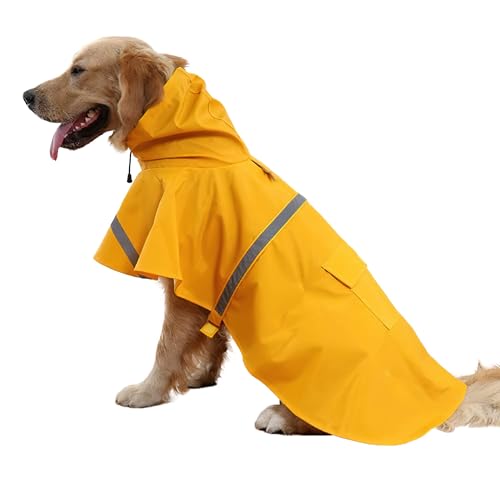 Large Dog Raincoat Adjustable Pet Water Proof Clothes Lightweight Rain Jacket Poncho Hoodies with Strip Reflective (Large (Pack of 1) / Yellow)