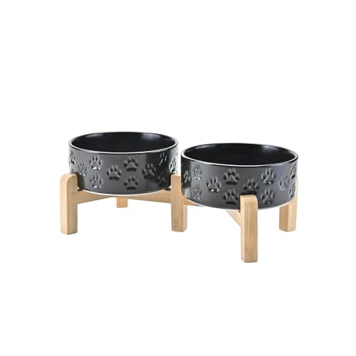 Elevated Dog Bowls Ceramic (5.1 in - 1.7 cups / Paw Black)
