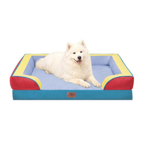 Orthopedic Dog Beds for Large Sized Dog with Bolster (36.0"L x 27.0"W x 8.0"Th / Funfetti Fiesta)