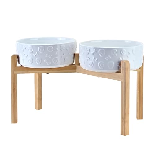 Elevated Dog Bowls Ceramic (8.3 in - 7.6 cups / White - Skull)