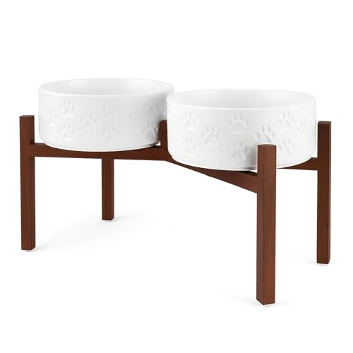 Ceramic Elevated Dog Bowl Set with Acacia Wood Stand for Food and Water for Large Dogs (60.87 Oz / White with Dog Paw Pattern)