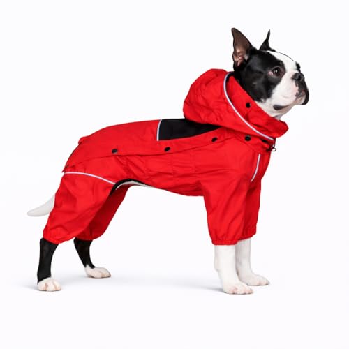Fleece Lined Dog Raincoat with Removable Hood (Red-Fleeced / L (Back 16.5"))