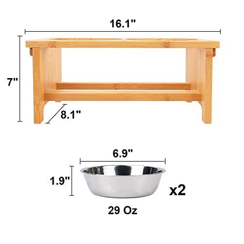 Elevated Dog Bowl Stand with 2 Stainless Steel Bowls (medium-7"tall,29 Oz bowl / Bamboo)