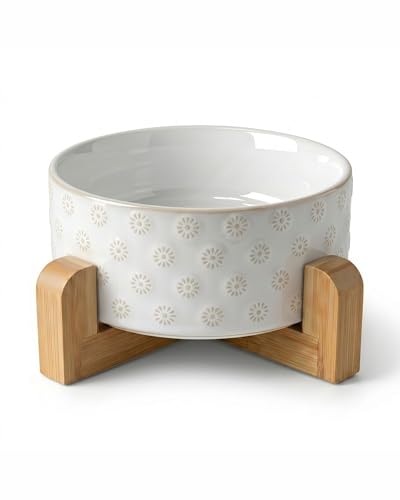 Ceramic Dog Bowl with Wood Stand (M-3.5 Cups / 07-Daisy)