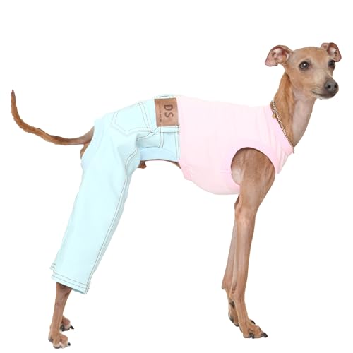 D Doggy Star Italian Greyhound Clothes Sleeveless Jeans Onesie Outfit Whippet for Dog Coat (M / Sky Blue Jean)