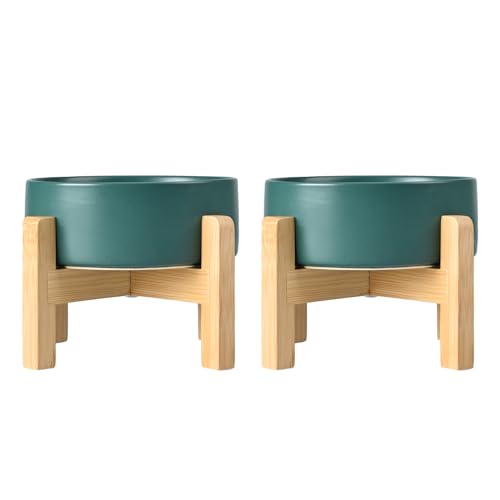 Ceramic Elevated Dog Bowls 2 Pack (Large - 7.6 CUPS*2 / Green)