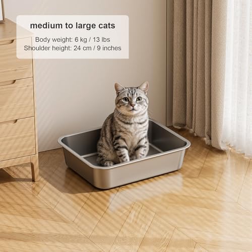Large High Sided Stainless Steel Cat Litter Box (19.69"L x 13.78"W x 3.94"H)