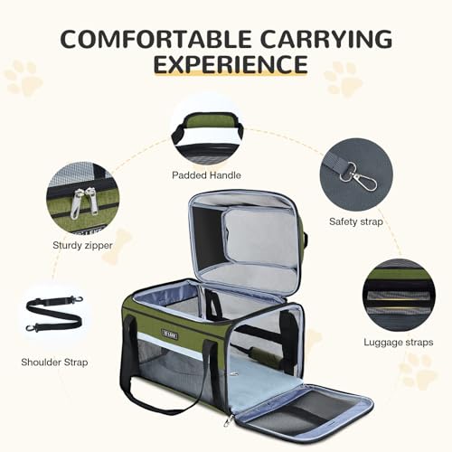 Top Expandable Pet Carrier 17x11x9.5 Inch Alaska Hawaiian Airline Approved Soft Sided Underseat to 12lbs Travel Carriers for Small Dogs and Cats with Locking Safety Zippers Anti (Dark Green)