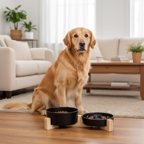 Ceramic Slow Feeder Dog Bowl Set (Black)