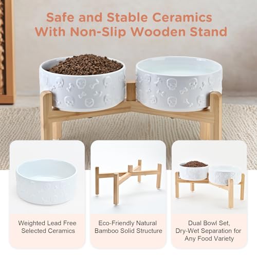 Elevated Dog Bowls Ceramic (7.3 in - 5.3 cups / White - Skull)