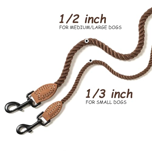 Dog Leash Braided Cotton Rope with Leather (Dark Brown / 48 Inch-1/3")