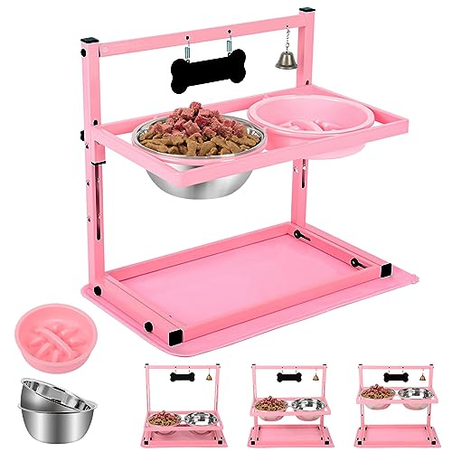 Pink Elevated Dog Bowl Stand with Two 1700ml Stainless Steel Food Bowls (Pink - Slow Bowl & Mat / Large Dogs)