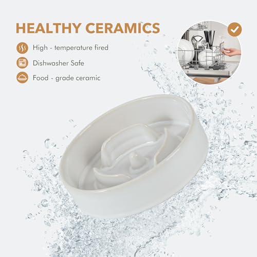 Raised Slow Feeder Dog Bowls (2 x White + Stand - A / S- 6.1inch / 0.9 Cups)