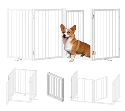 Full Metal Freestanding Dog Gate with Door (【4 Panels】80"W*24H" / White)