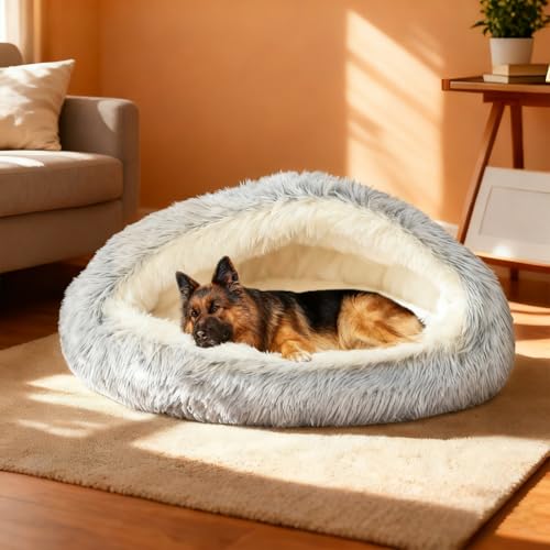 Round Plush Fluffy Hooded Cat Bed Cave (40.0"L x40.0"W x 7.0"Th / grey)