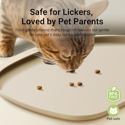 Cat Food Mat Silicone Waterproof Feeding Mat (18"L x 12.5"W / Almond)