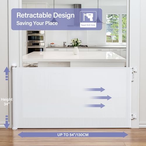 Retractable Baby Gates for Stairs & Doorways (A-white / 34" Tall x 54" Wide)