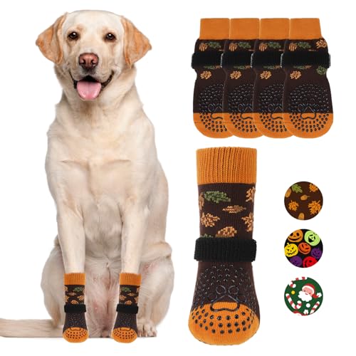 Fall Anti Slip Dog Socks for Hot (Autumn Leaf Brown / Large (4 Pack))