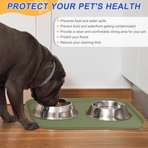Waterproof Silicone Pet Food Mat with Raised Edge for Dog & Cat (Light Olive Green / 24"L x 16"W)
