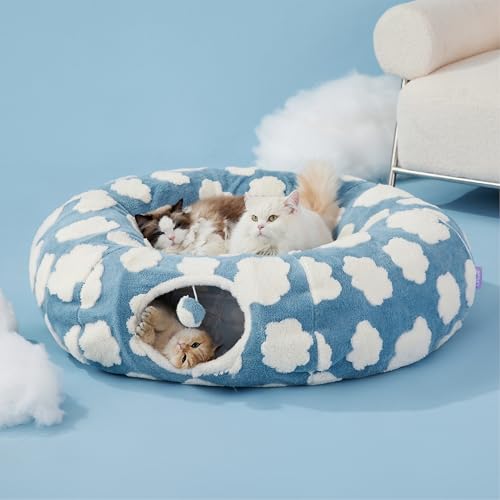 Lesure Donut Cute Jacquard Large Cat Tunnel Bed Kitten Toys for Dog Bunny (large (39.5"L x 39.5"W x 10"H) / Cozy Clouds Blue)