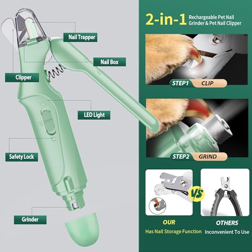 2 in 1 Dog Nail Clippers & Cat Nail Clippers Trimmers for Large Medium Small Dogs Cats Claw Trimmer Quick Sensor and Safety Guard USB Rechargeable Dogs Nail Trimmer with Catcher & 2 LED Lights (Green)